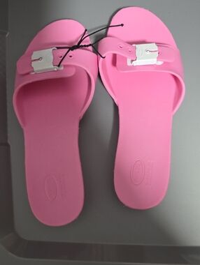 Dr. Scholl's Pink Slide Sandals with White Buckle Accent